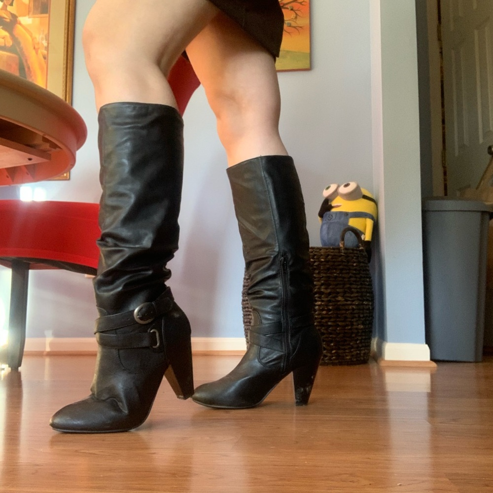 Tall black silky boots- W/ BOOT HOLDERS